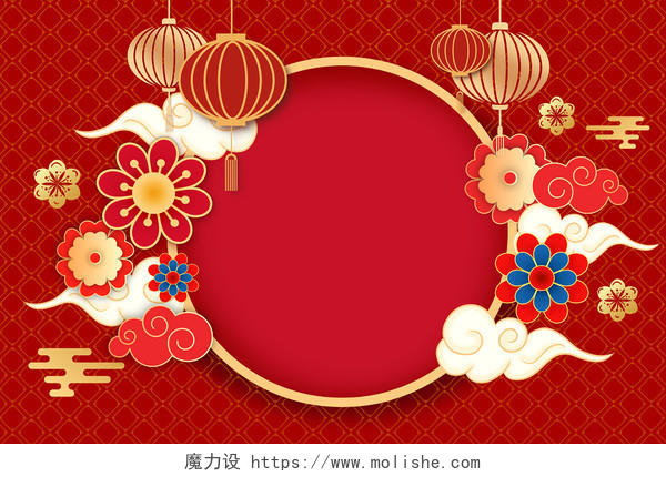 元旦红色卡通手绘新中式新年春节传统剪纸风格年会背景展板原创插画海剪纸新年